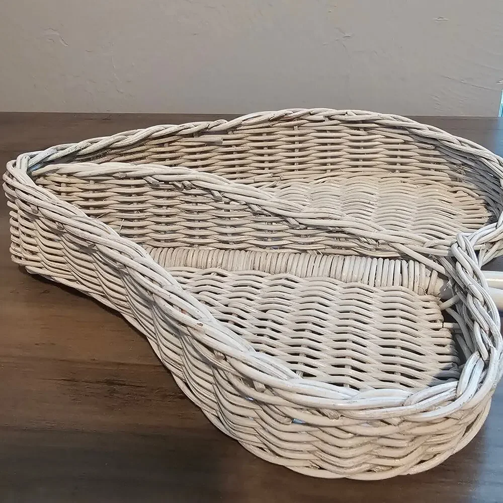 Vintage Heart Wicker Basket Divided Serving Tray Boho Handle White Wash Cottage